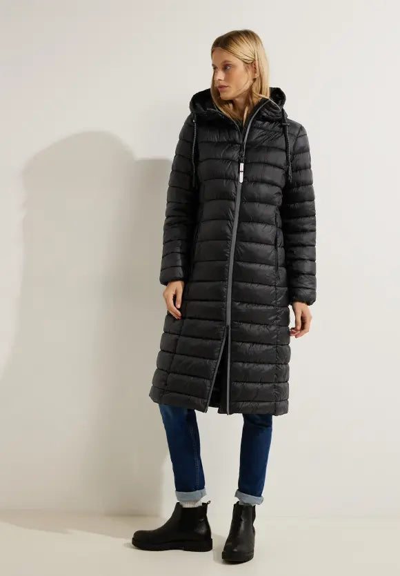 100812-Long Quilted Hooded Jacket-Black-Cecil