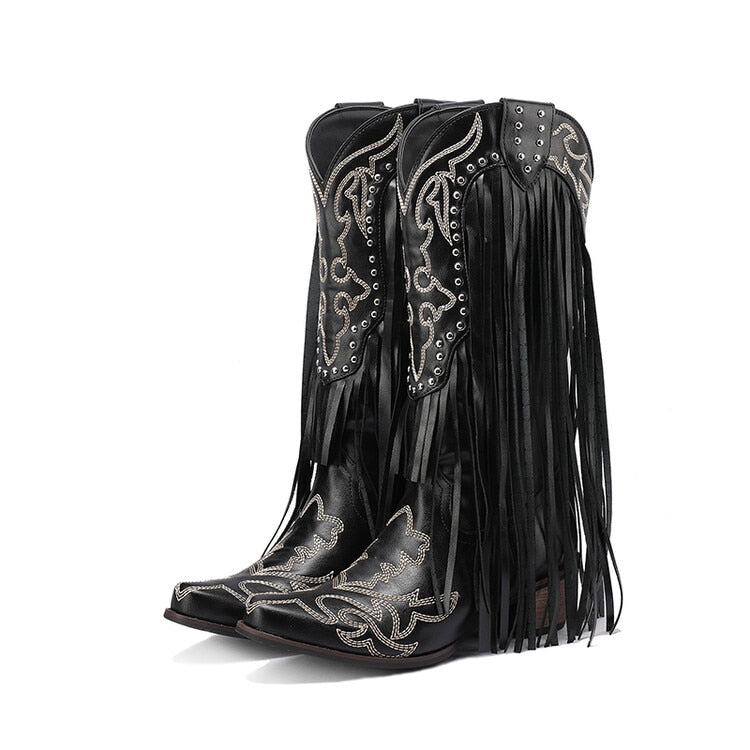 2023 Women Western Mid-calf Boots Pointed Toed Fringed Slip-on Spring Autumn