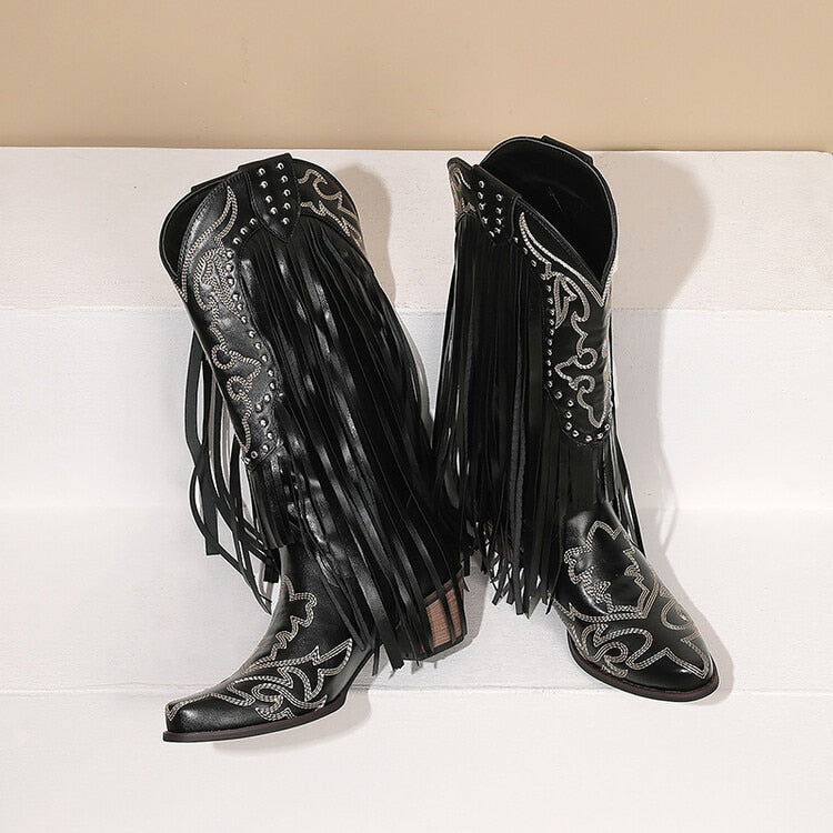 2023 Women Western Mid-calf Boots Pointed Toed Fringed Slip-on Spring Autumn