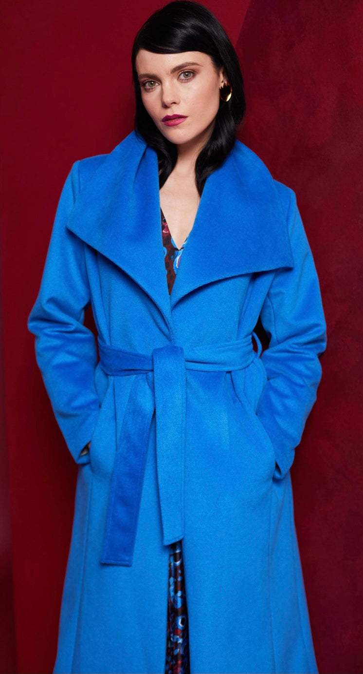 23108- Ocean Blue Belted Coat - Kate Cooper