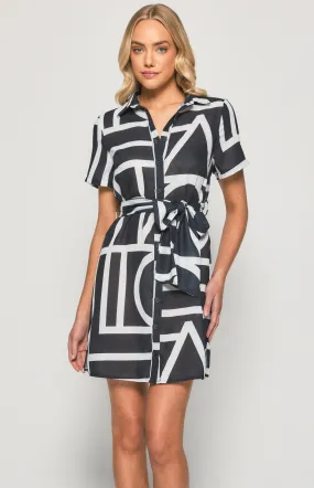 Abstract Print Shirt Dress with Belt Details (SDR1135-2B)