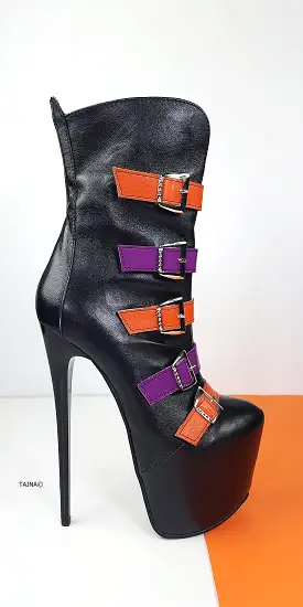 Black Genuine Leather Multi Colour Belted  Boots