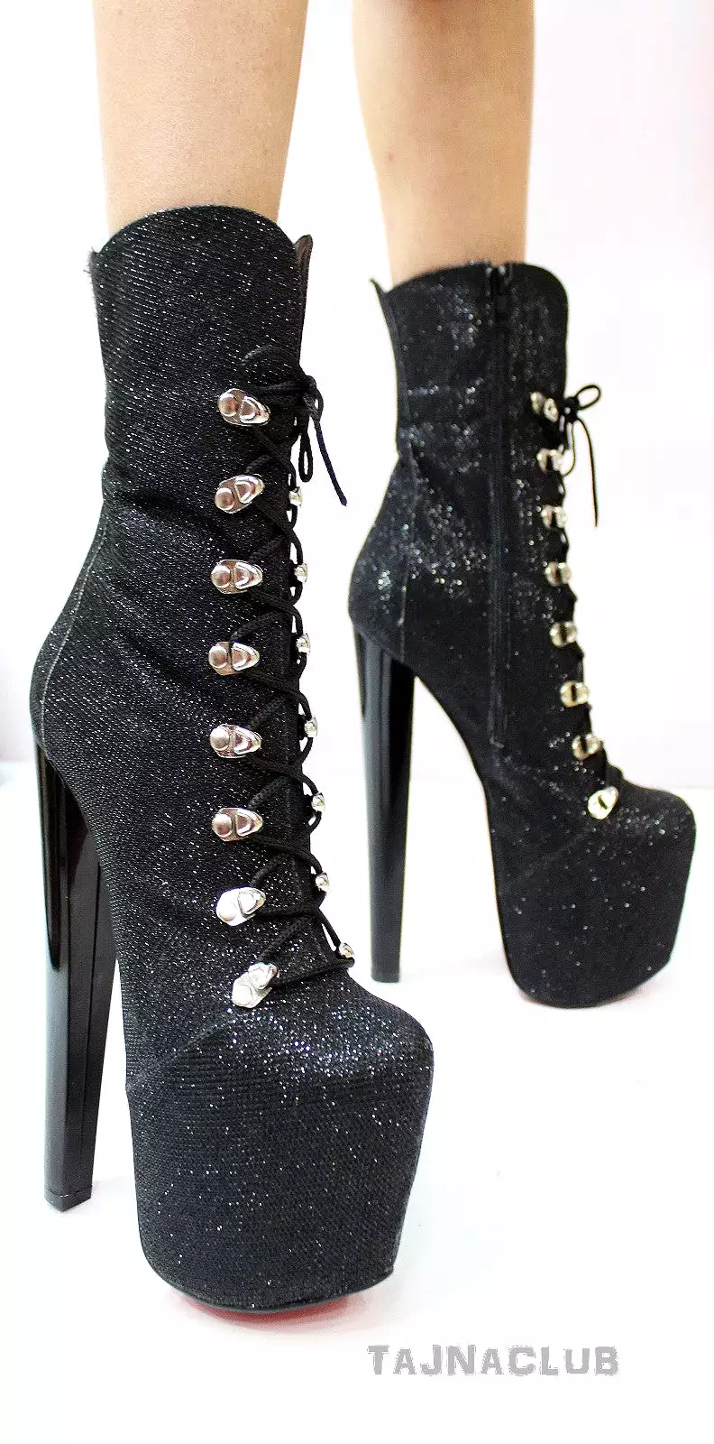 Black Glitter Lace Up High Heel Platform Boots