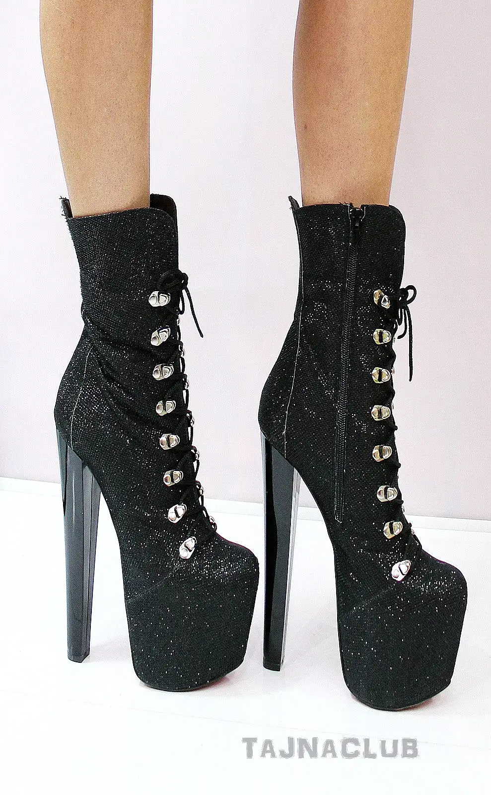 Black Glitter Lace Up High Heel Platform Boots