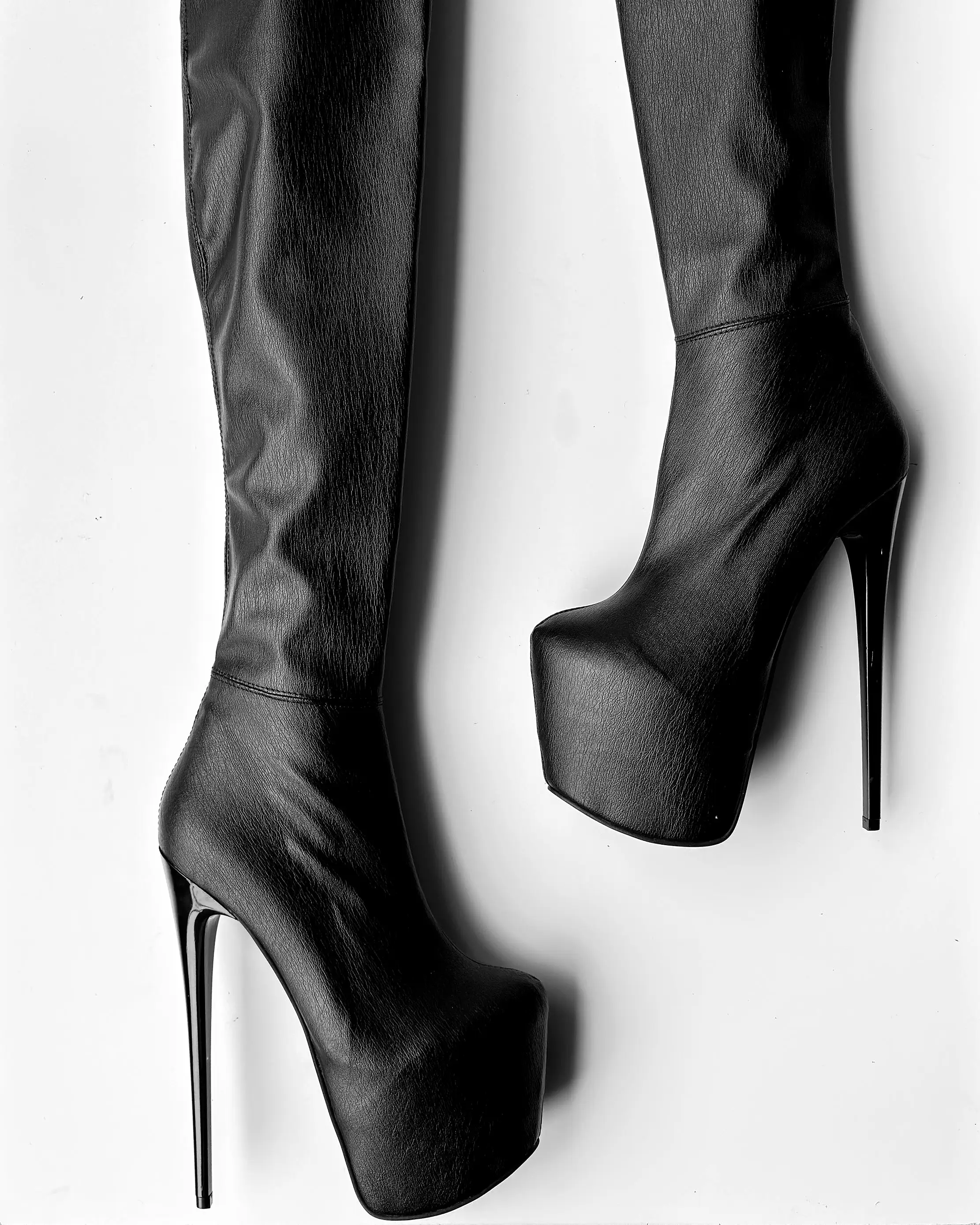 Black Matte Thigh High Pencil Heel Boots