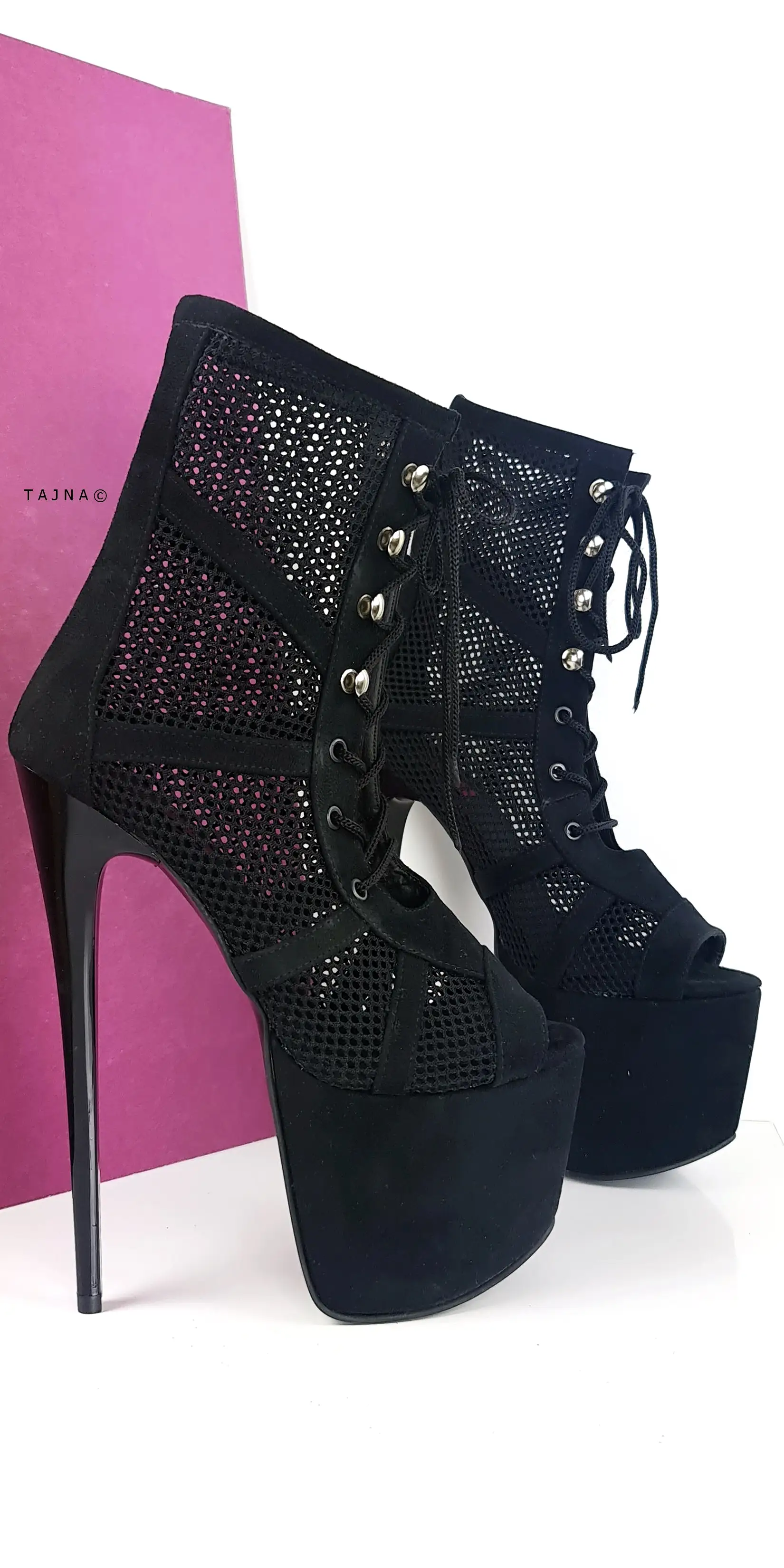 Black Suede Fishnet Lace Up Ankle Boots