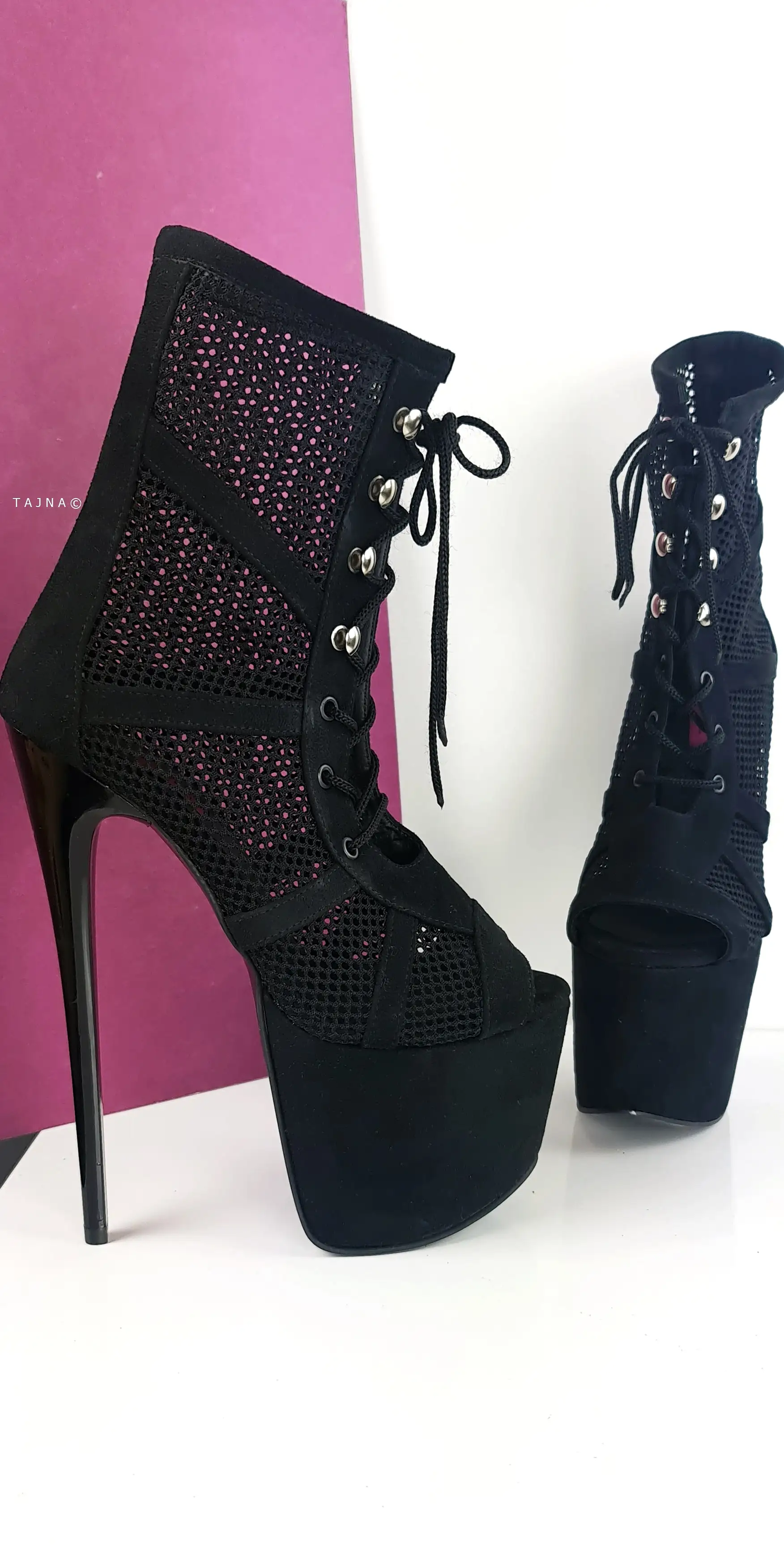 Black Suede Fishnet Lace Up Ankle Boots