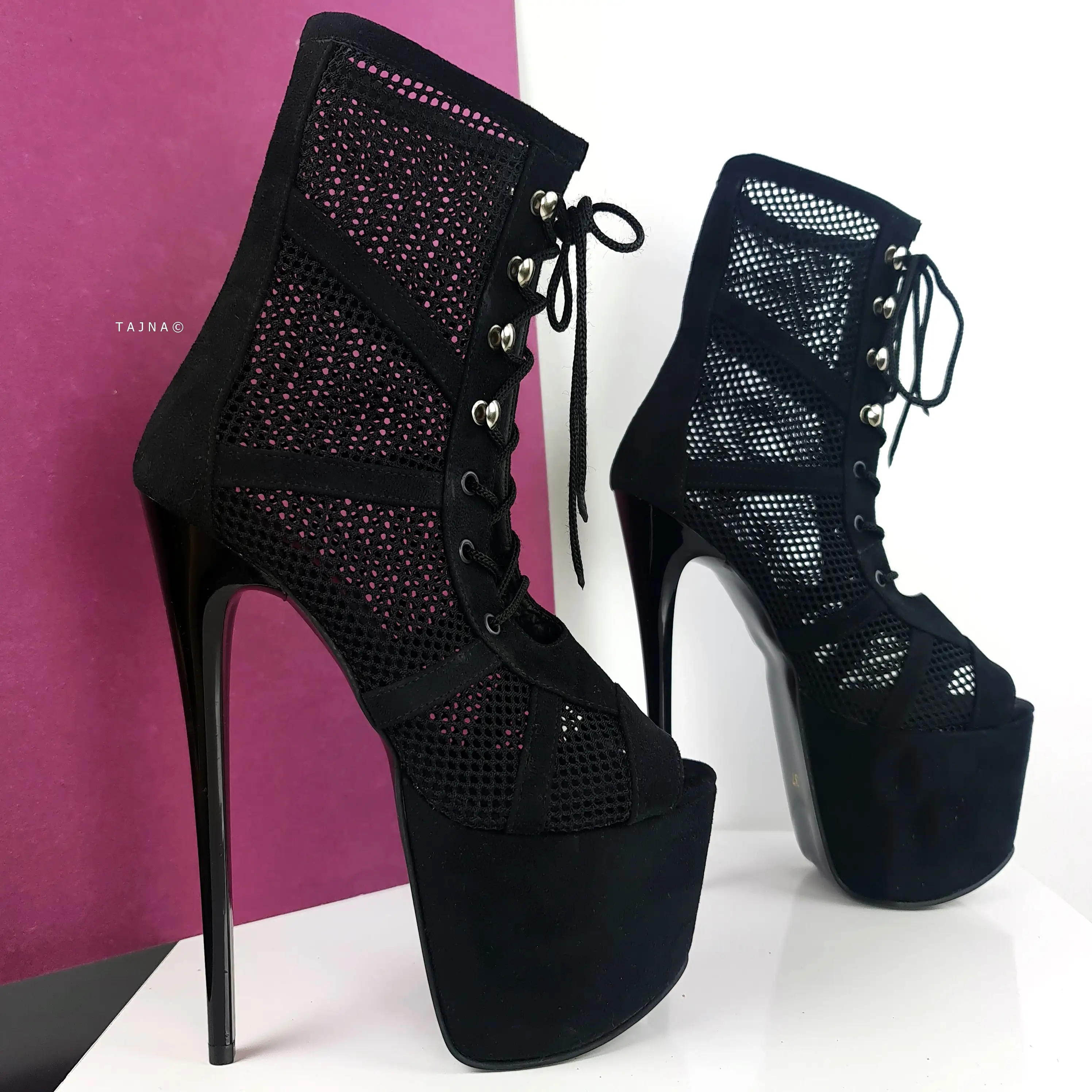 Black Suede Fishnet Lace Up Ankle Boots