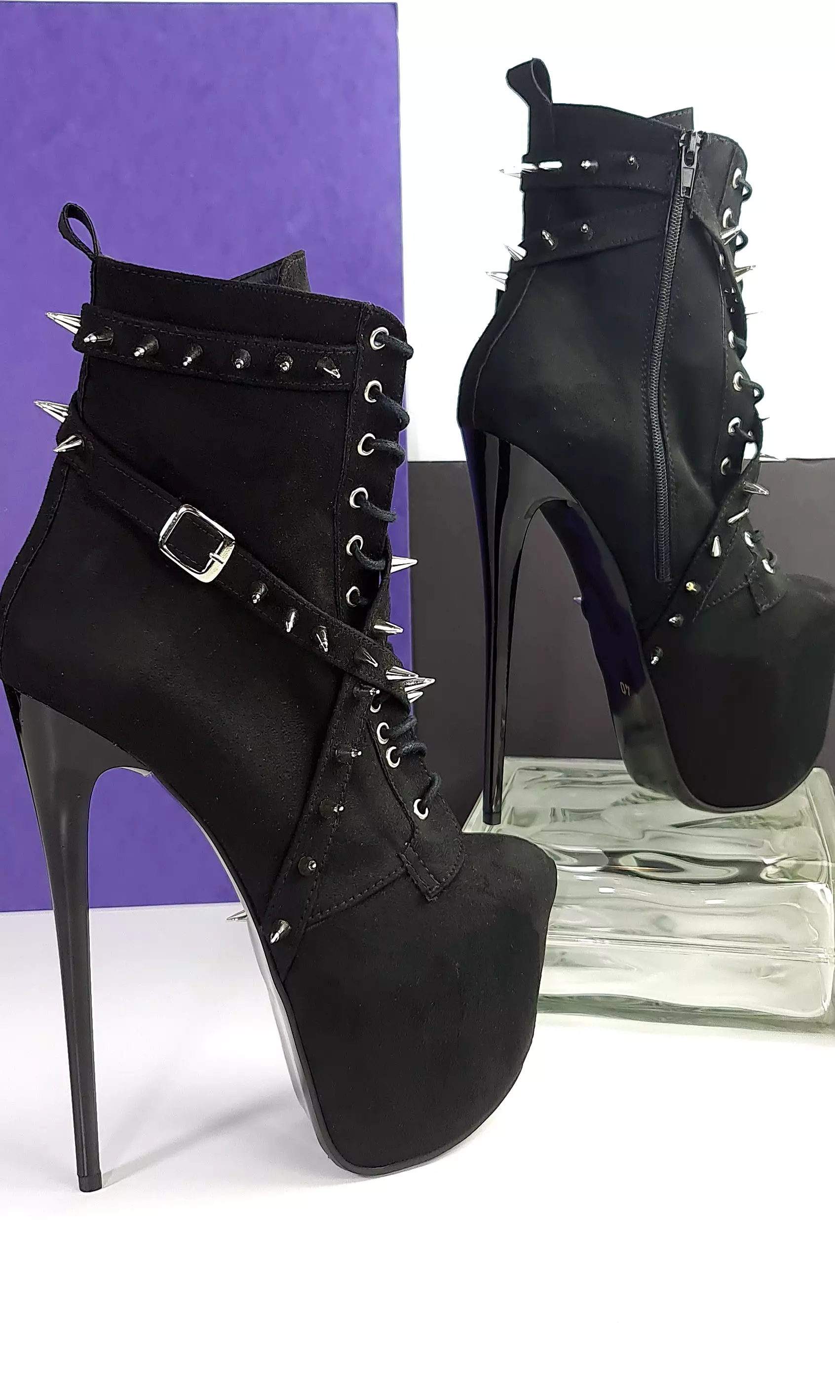 Black Suede Long Spike Studs Rocker Boots