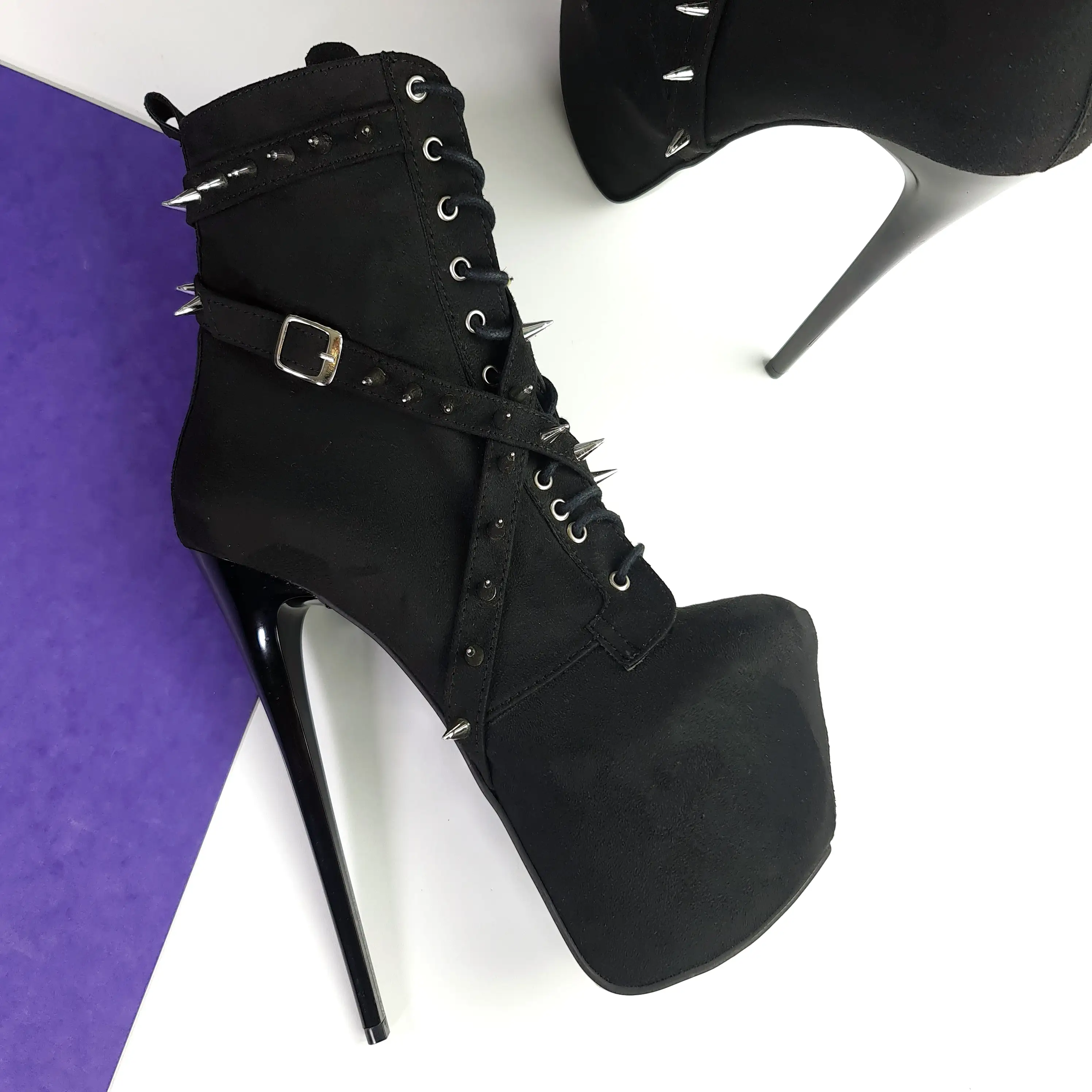 Black Suede Long Spike Studs Rocker Boots