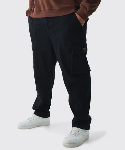 boohooMAN Mens Plus Tapered Fit Cargo Pants in Black