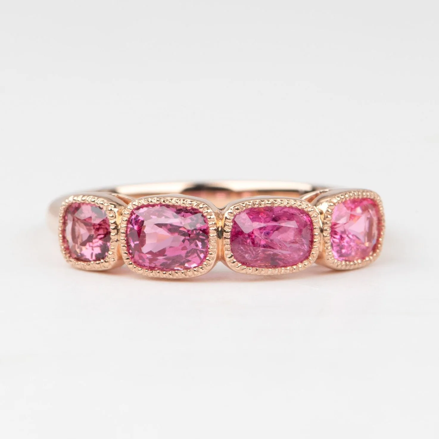 Bright Pink Red Spinel Milgrain Bezel Set Wedding Band 14K Gold R5086