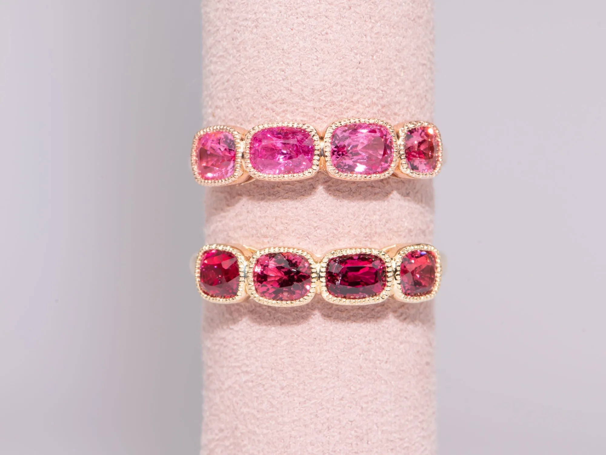 Bright Pink Red Spinel Milgrain Bezel Set Wedding Band 14K Gold R5086