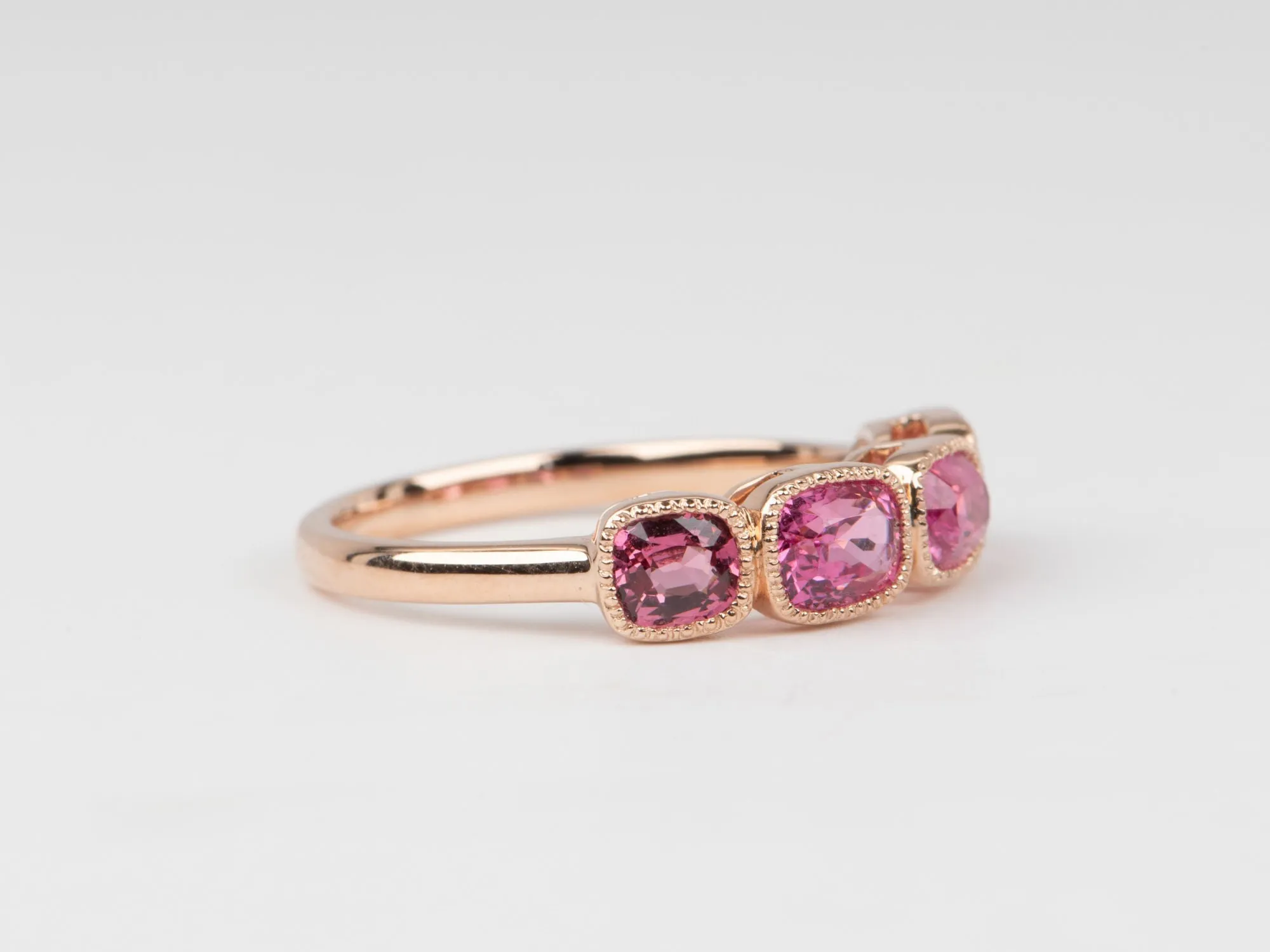 Bright Pink Red Spinel Milgrain Bezel Set Wedding Band 14K Gold R5086