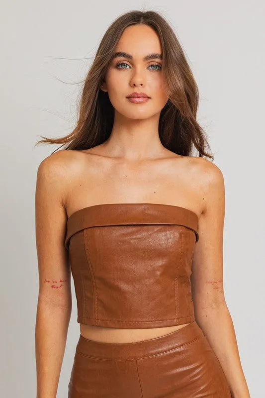 Brown Faux Leather Cropped Tube Top