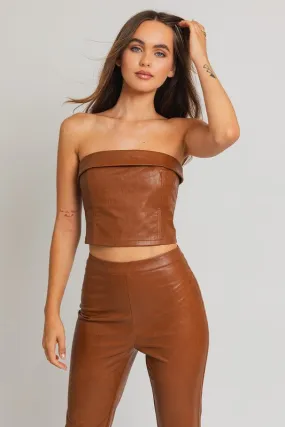 Brown Faux Leather Cropped Tube Top