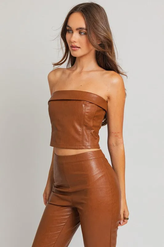 Brown Faux Leather Cropped Tube Top