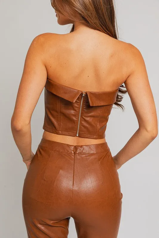 Brown Faux Leather Cropped Tube Top