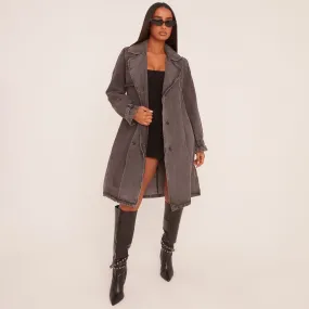 Button Front Trench Coat In Grey Denim