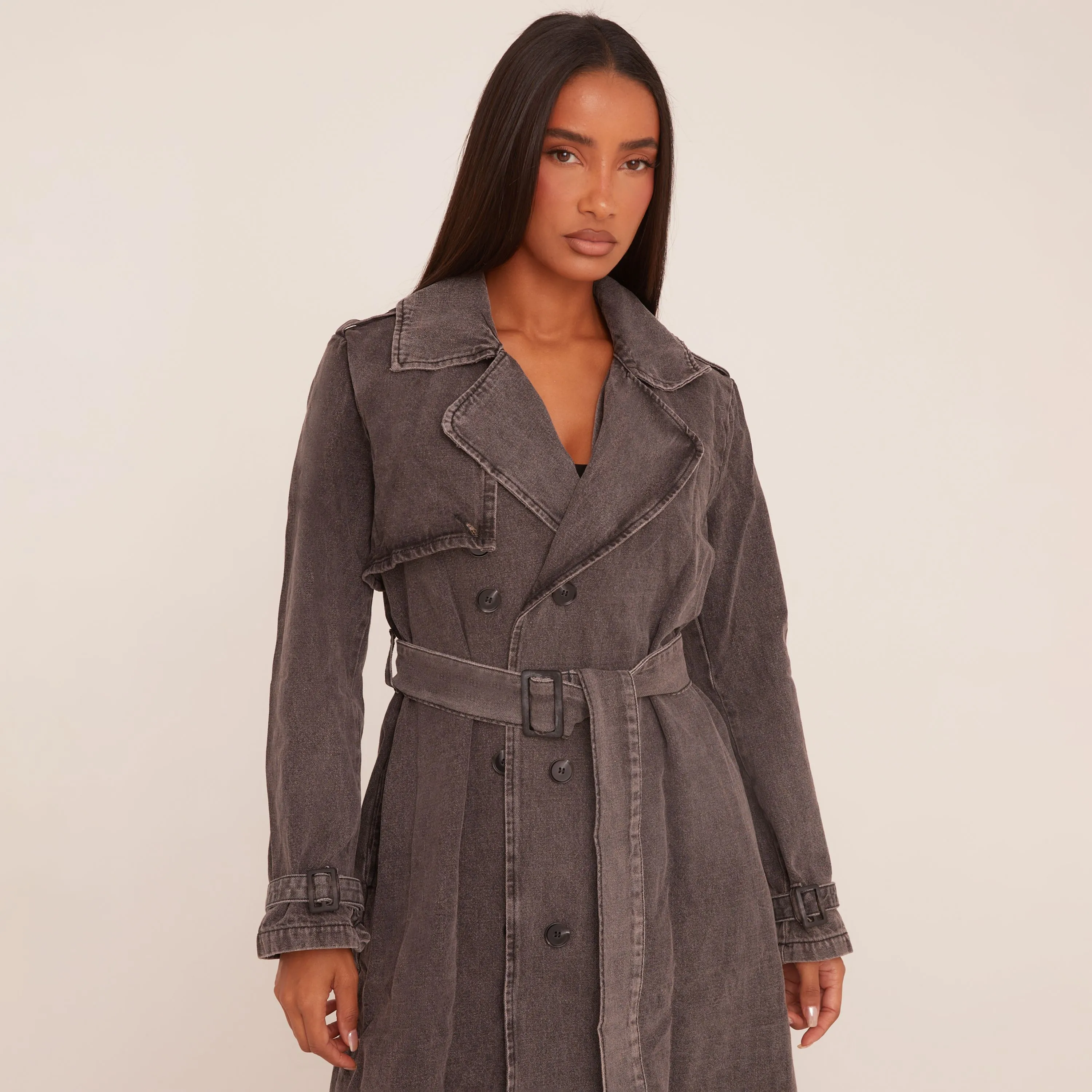 Button Front Trench Coat In Grey Denim