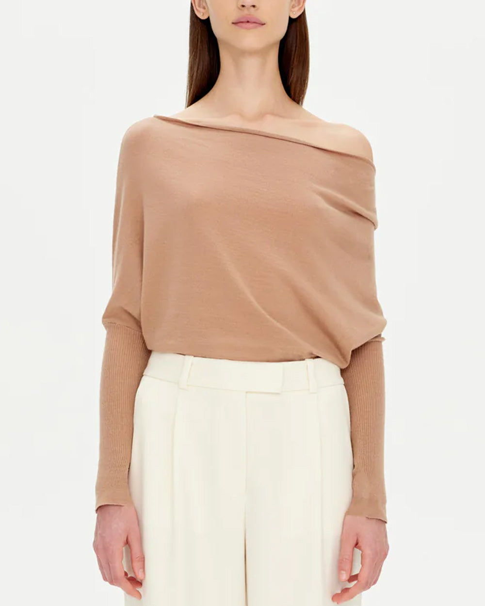 Camel Lavina Off The Shoulder Drape Sweater