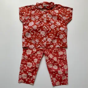 Caramel Red Print Pants And Blouse Set: 4 Years