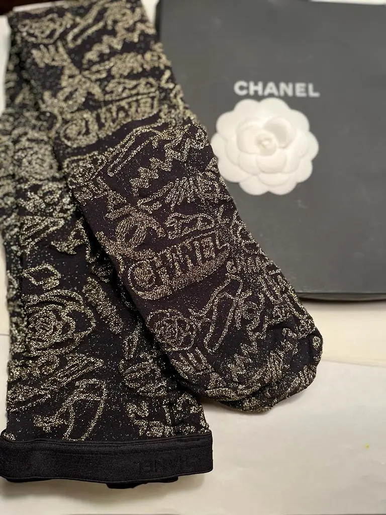 Chanel 19A 2019 Paris New-York Black Gold Hosiery Stockings Tights Sz Medium