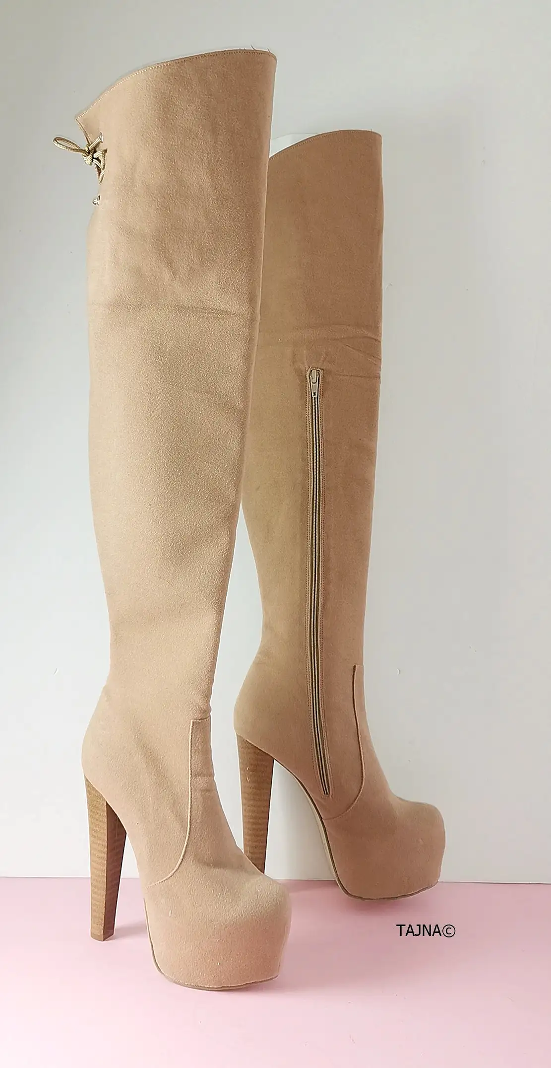 Cream Beige Suede Knee High Boots