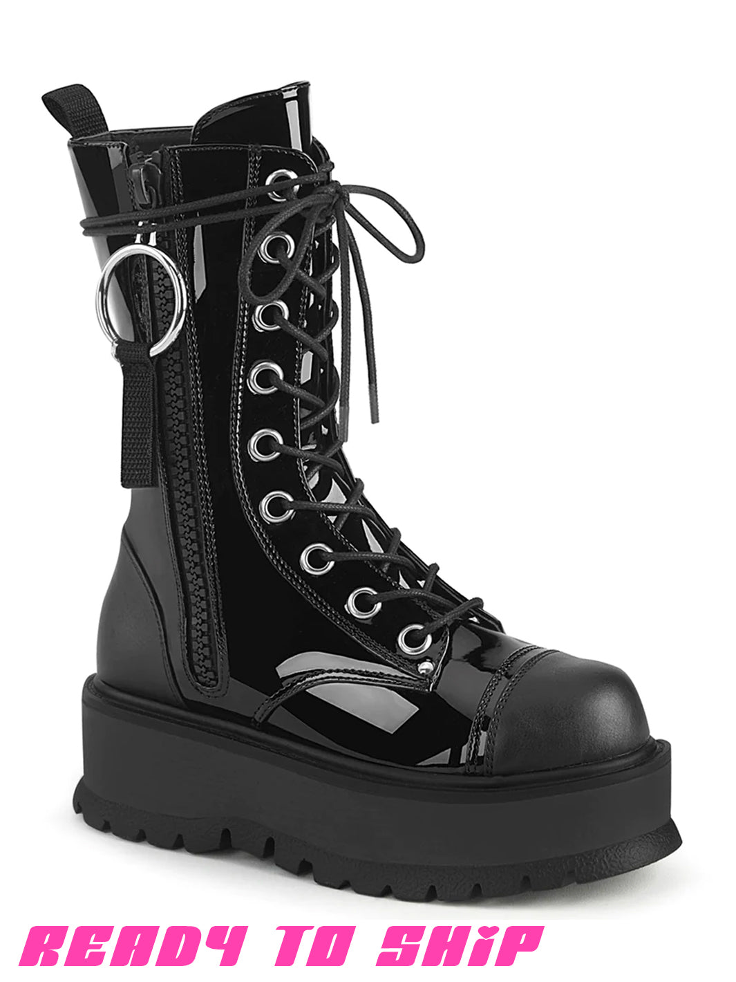 DEMONIA SLACKER-220 BOOTS - PATENT BLACK