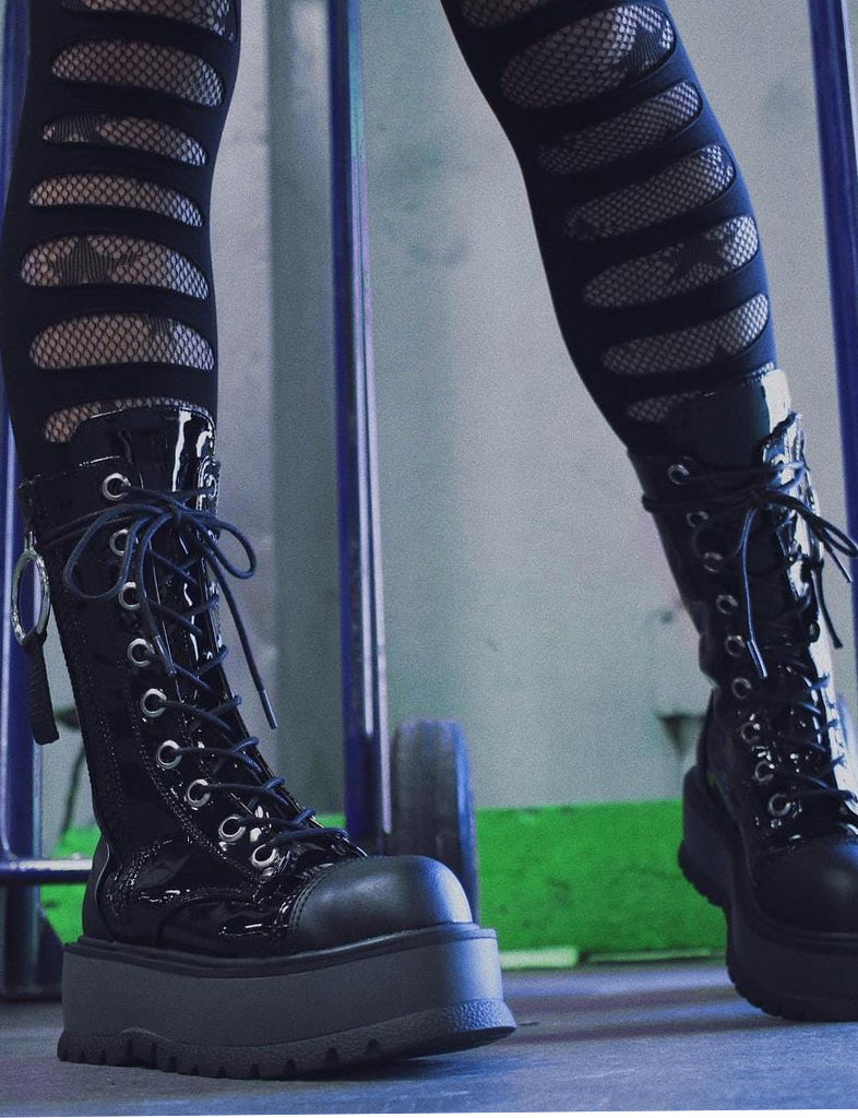 DEMONIA SLACKER-220 BOOTS - PATENT BLACK