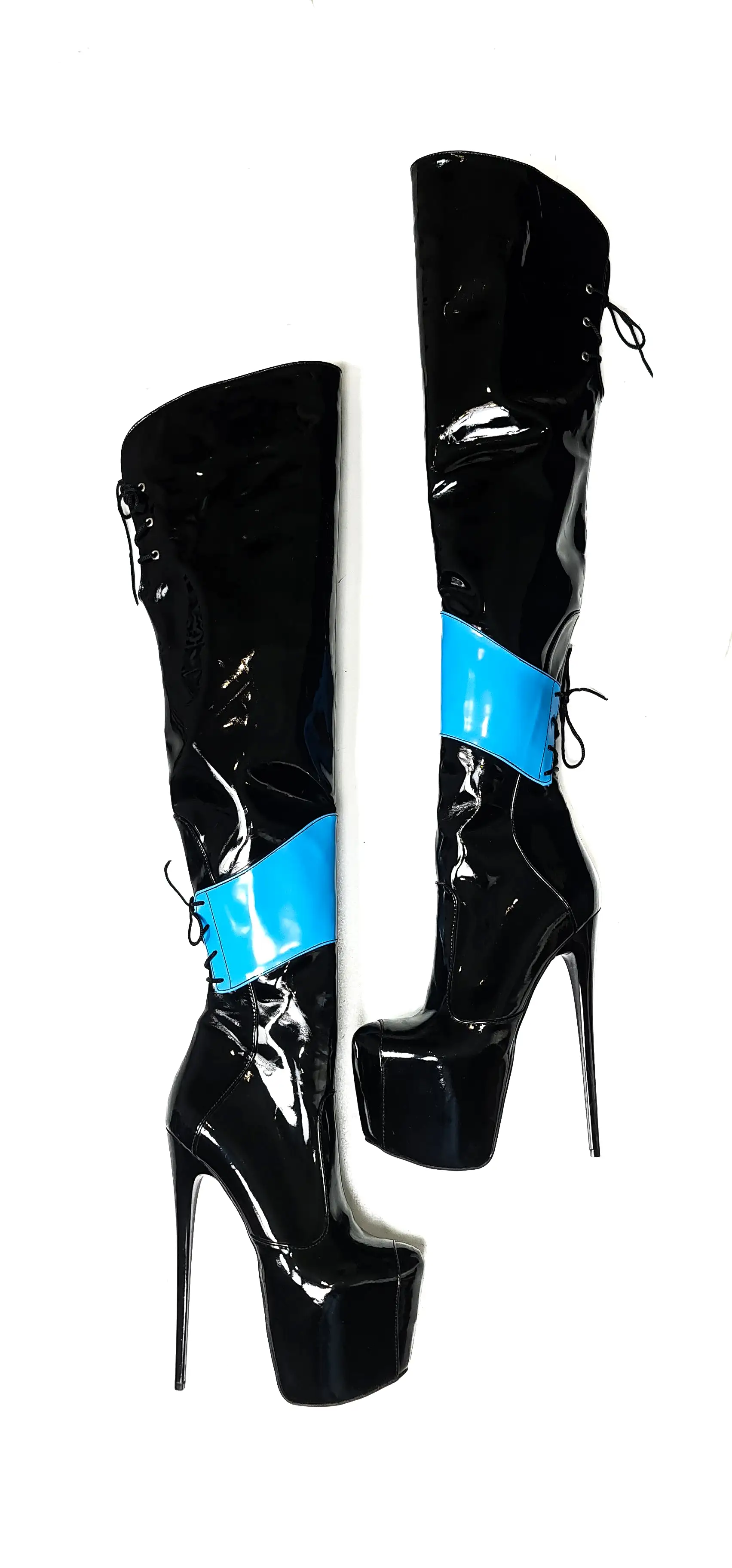 Double Colour Over The Knee Blue Black Patent Boots