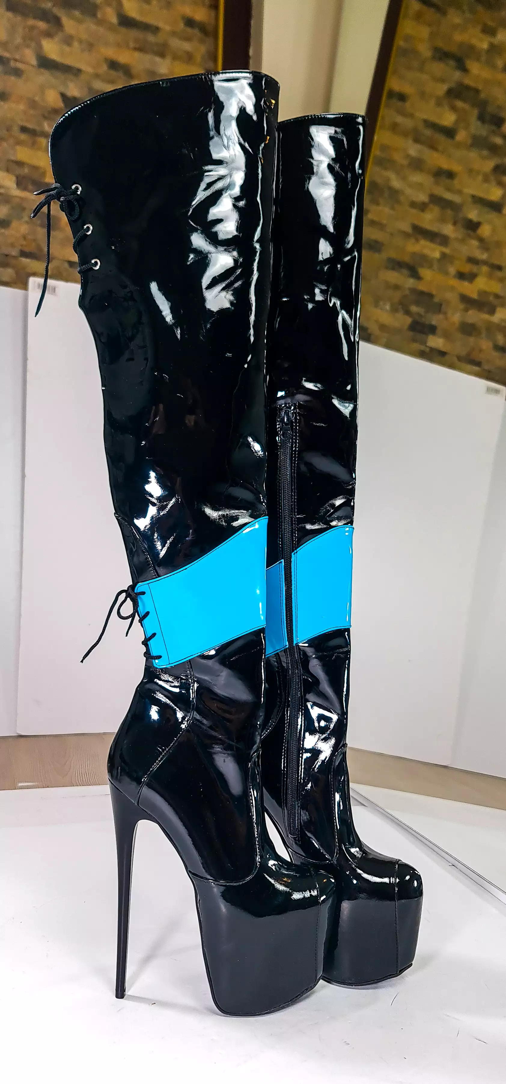 Double Colour Over The Knee Blue Black Patent Boots