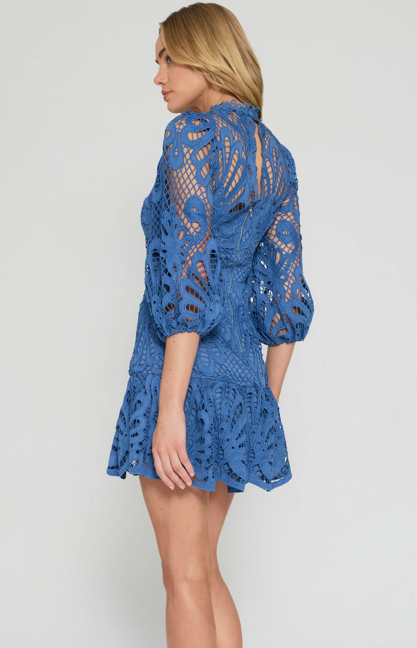 Embroidered Lace Dress with Bubble Sleeve Detail (SDR1403A)