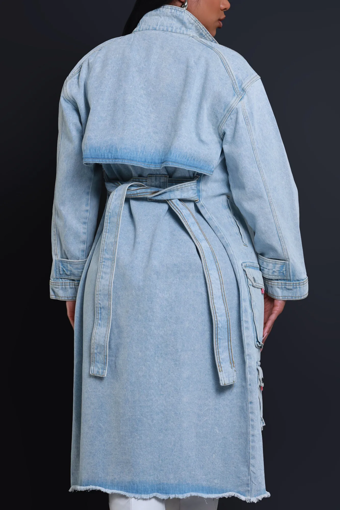 Eye To Eye Denim Cargo Trench Coat - Light Wash