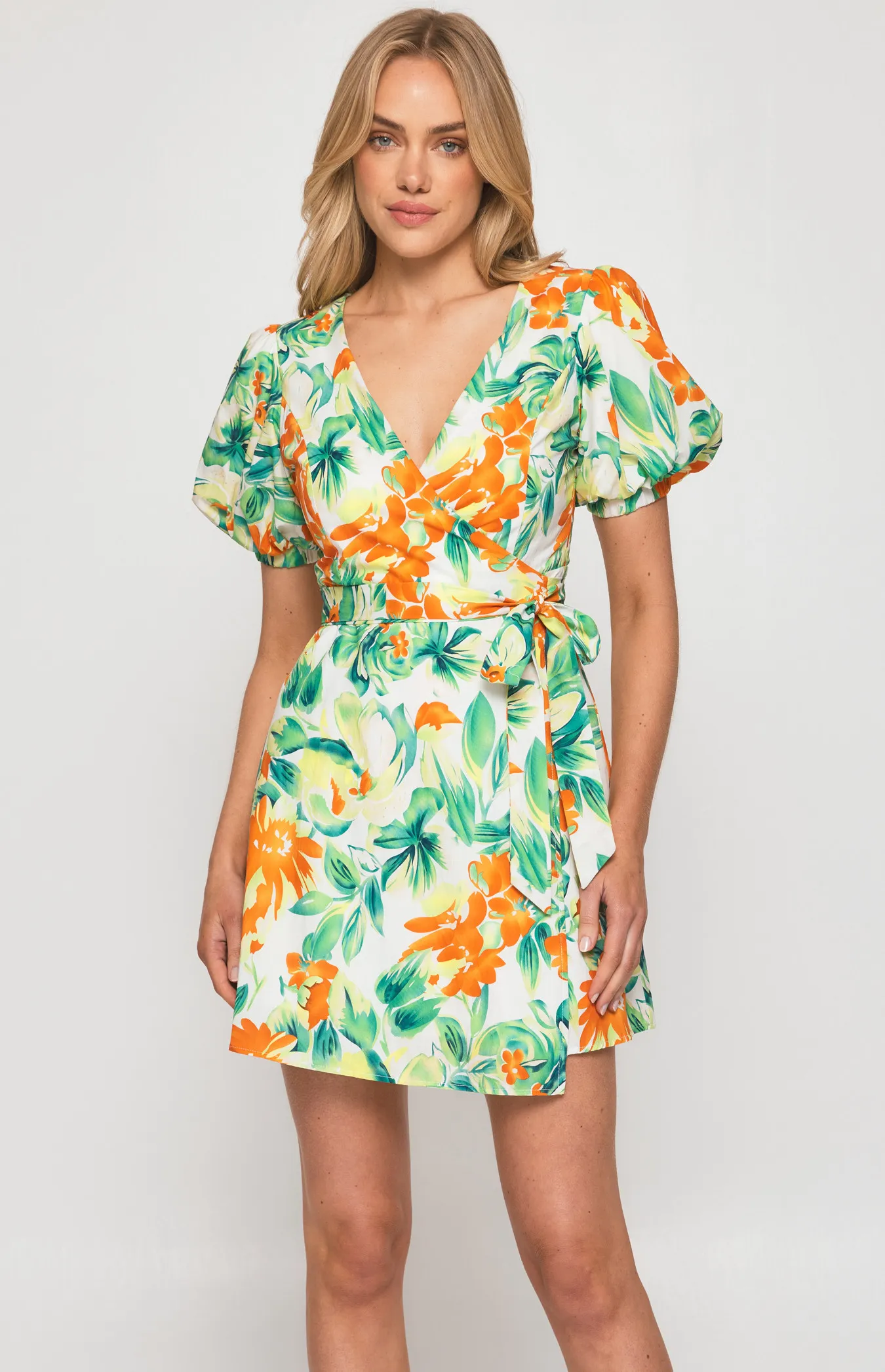 Floral Print Bubble Sleeves Wrap Dress (SDR1190-2A)