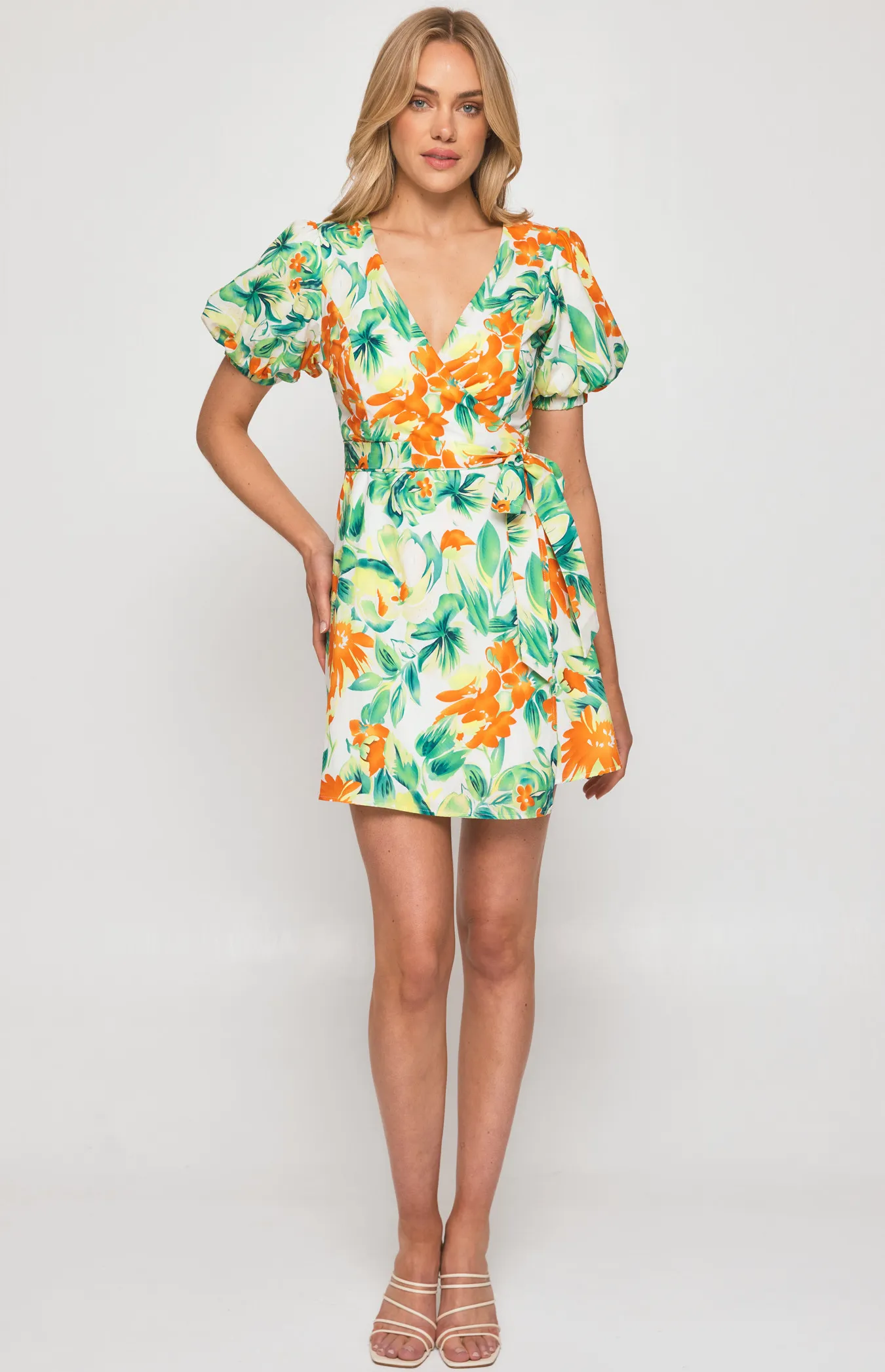 Floral Print Bubble Sleeves Wrap Dress (SDR1190-2A)