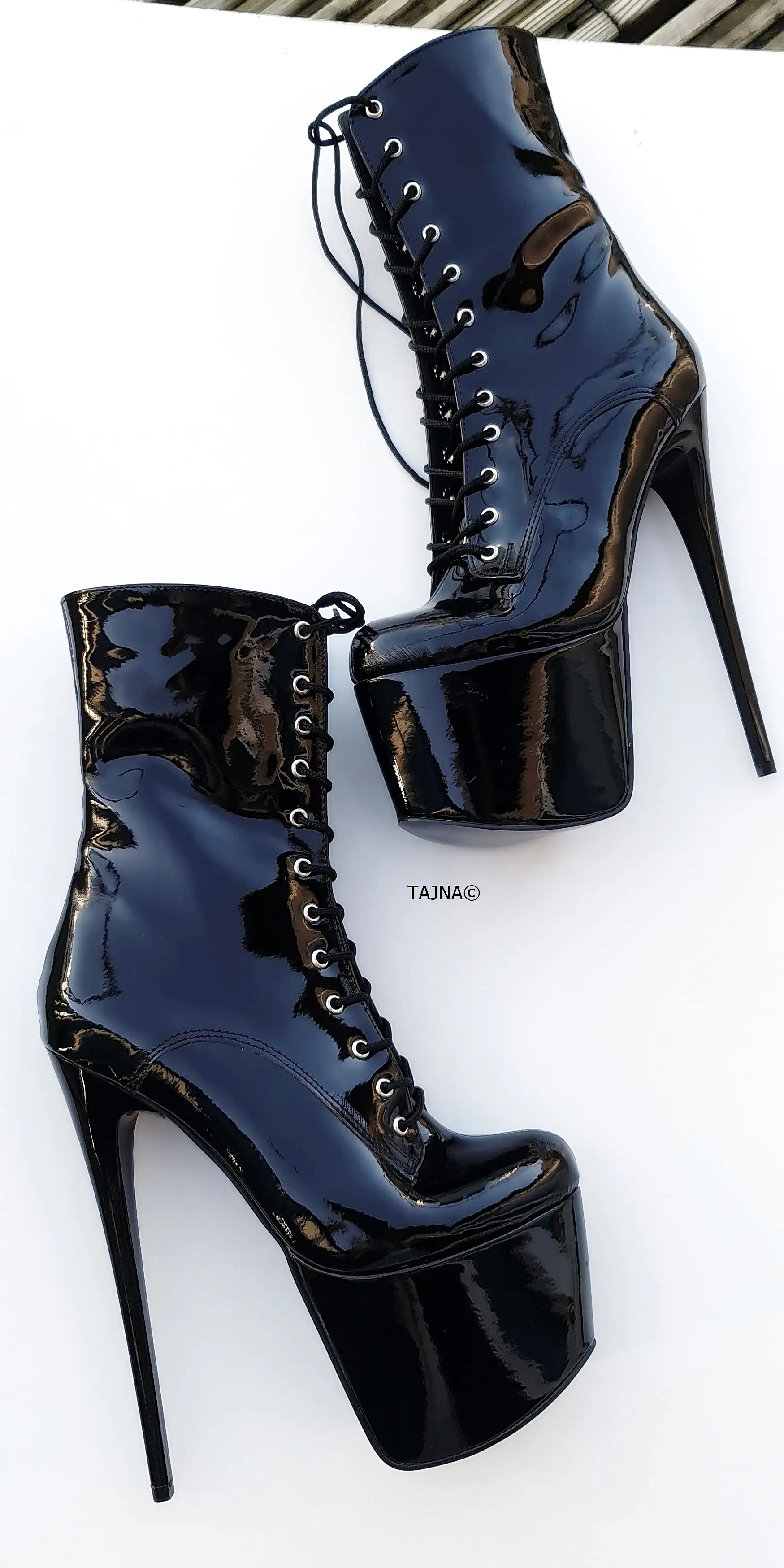 Full Black Gloss Pencil High Hell Lace Up Boots