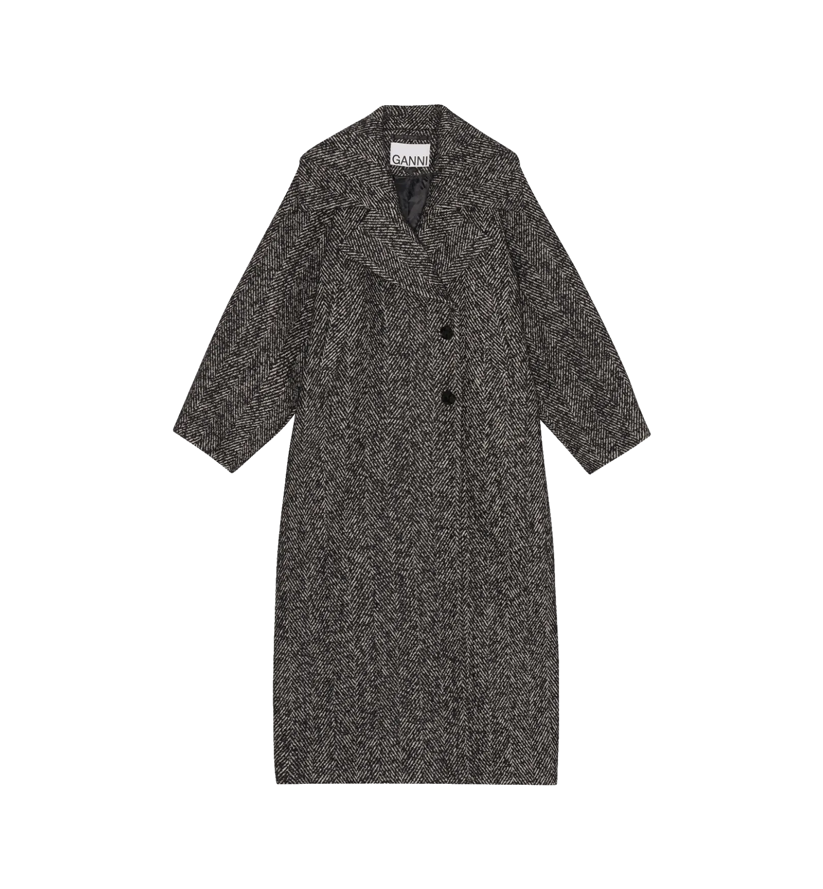 Ganni Black Herringbone Wool Coat