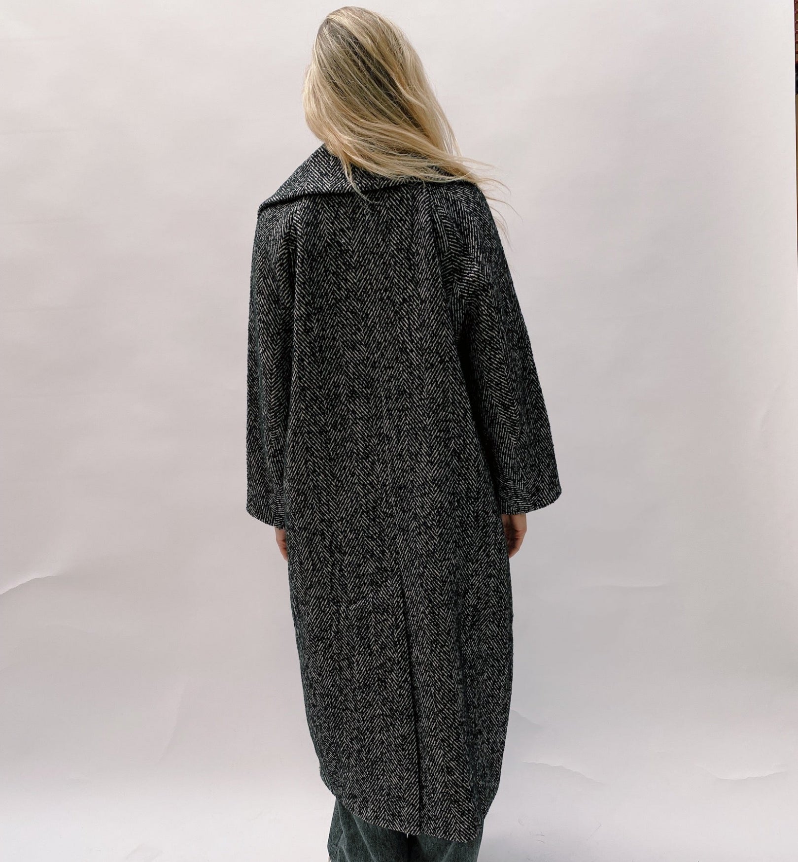 Ganni Black Herringbone Wool Coat