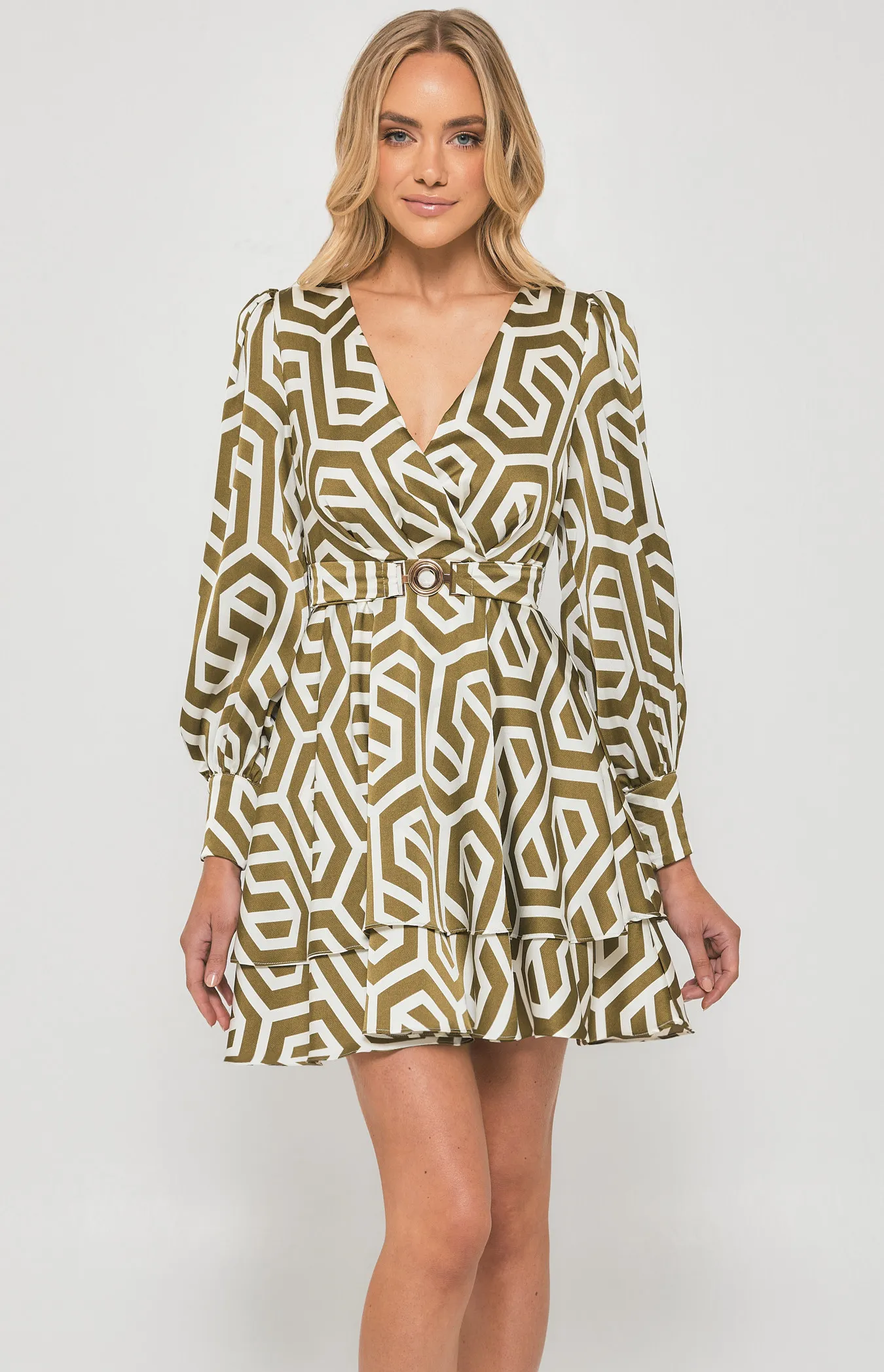 Geometric Print Dress with Metal Buckle Belt (SDR1379B)