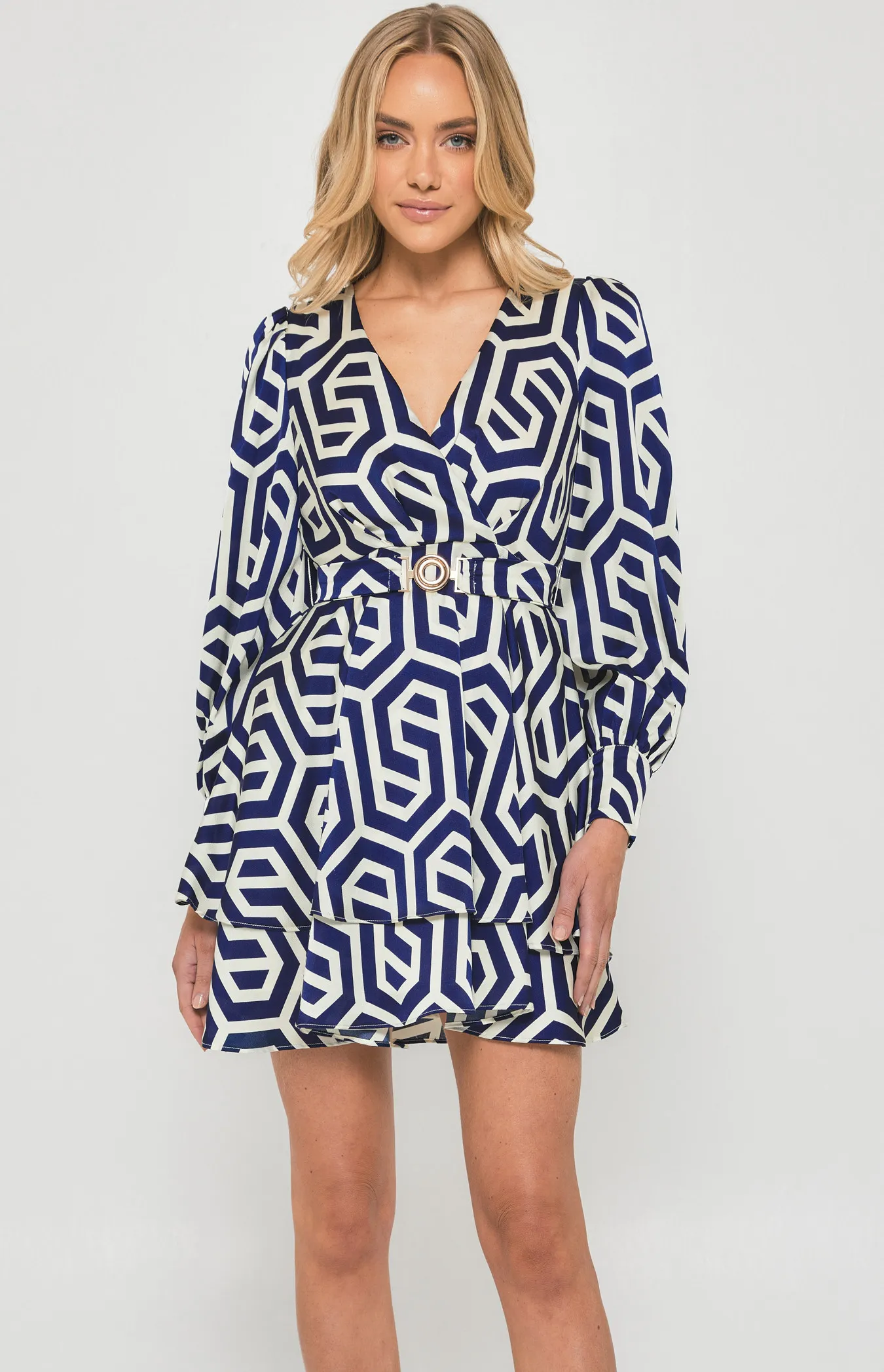 Geometric Print Dress with Metal Buckle Belt (SDR1379B)