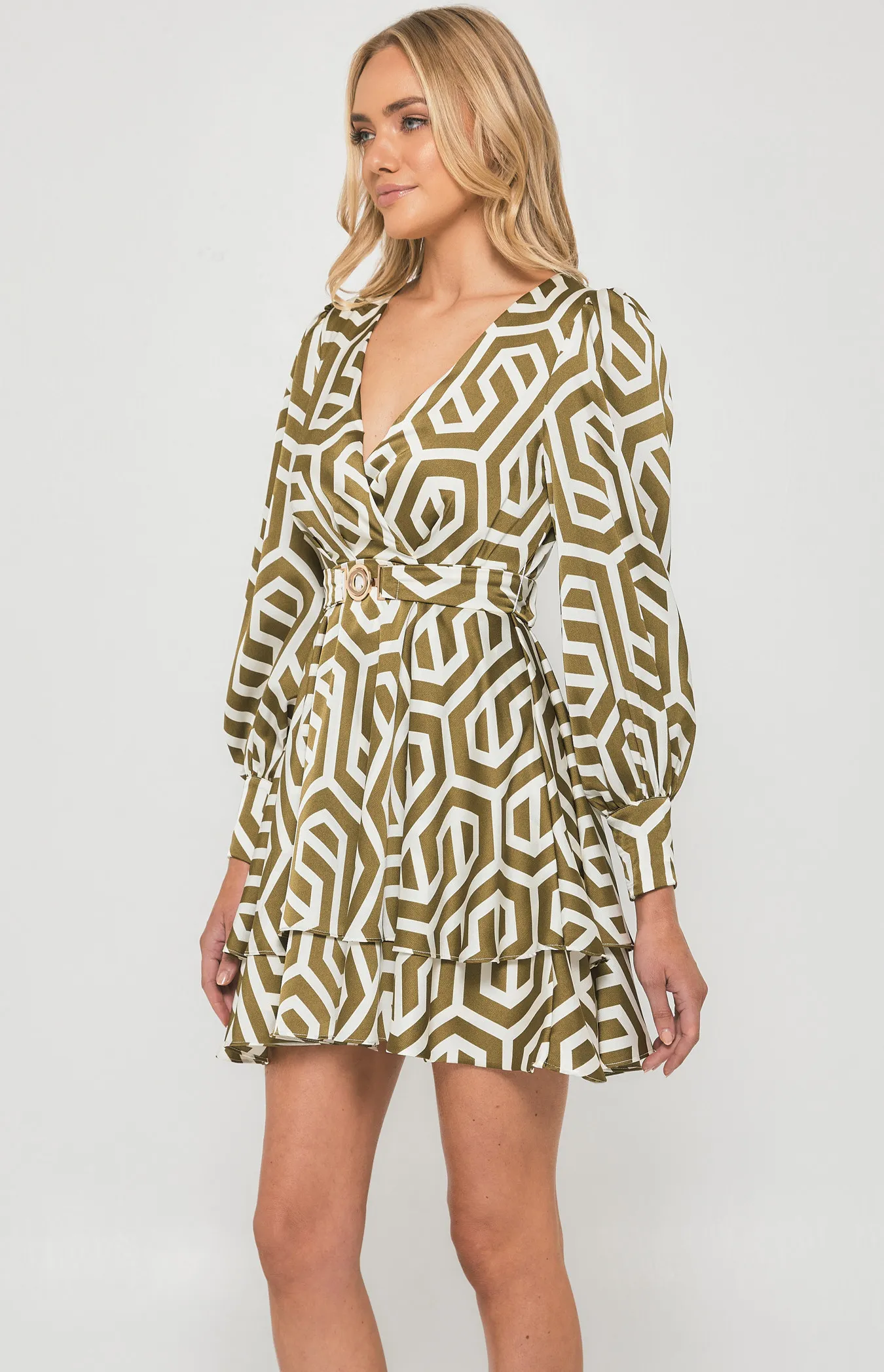 Geometric Print Dress with Metal Buckle Belt (SDR1379B)