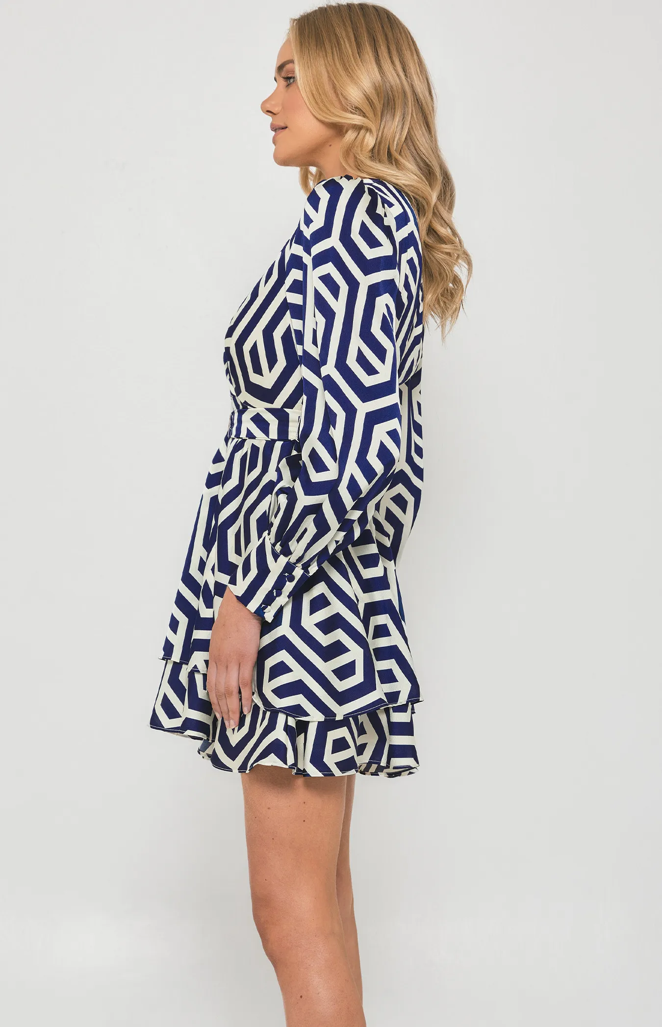 Geometric Print Dress with Metal Buckle Belt (SDR1379B)