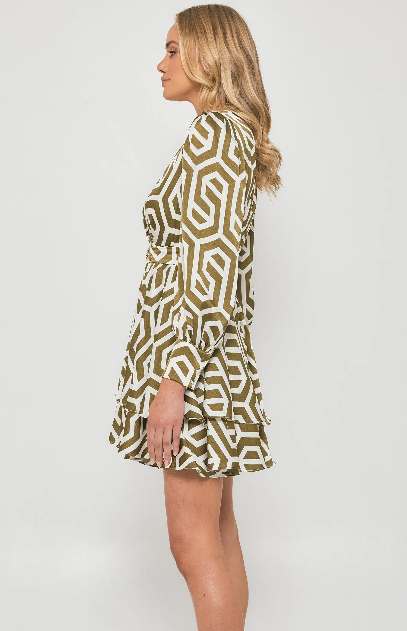 Geometric Print Dress with Metal Buckle Belt (SDR1379B)