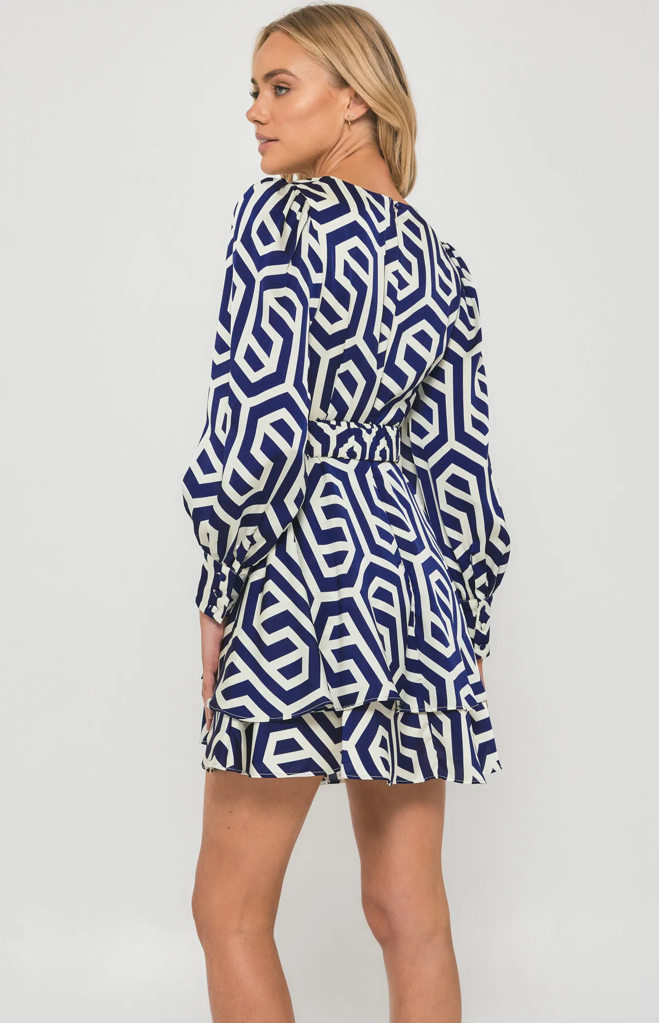 Geometric Print Dress with Metal Buckle Belt (SDR1379B)