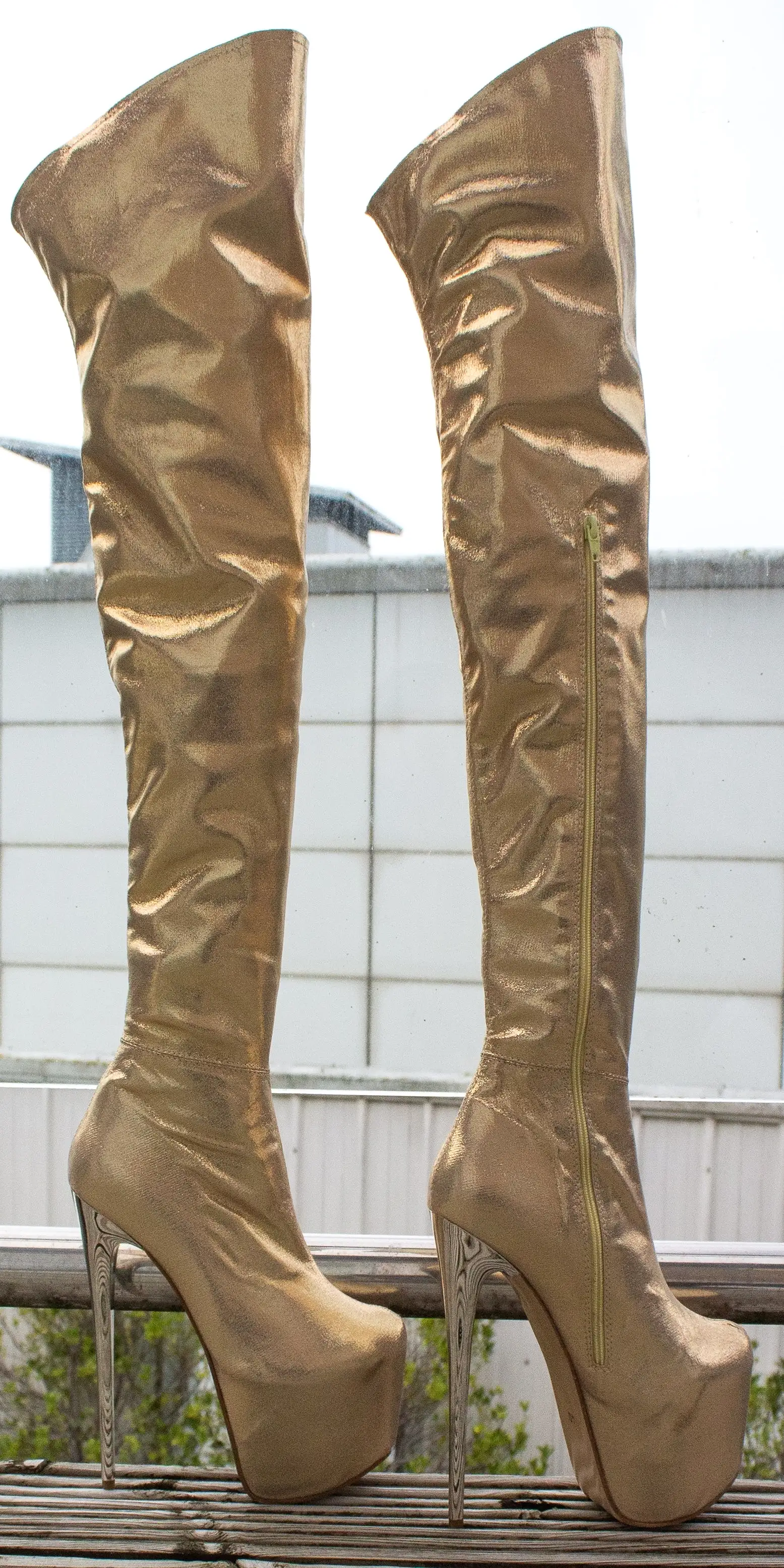 Gold Shimmer Over The Knee Metallic Heel Boots