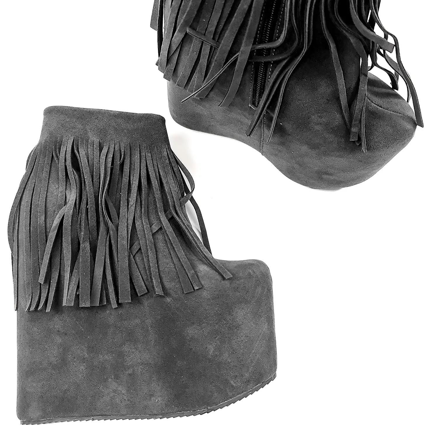 Gray Fringe Wedge Platform Boots