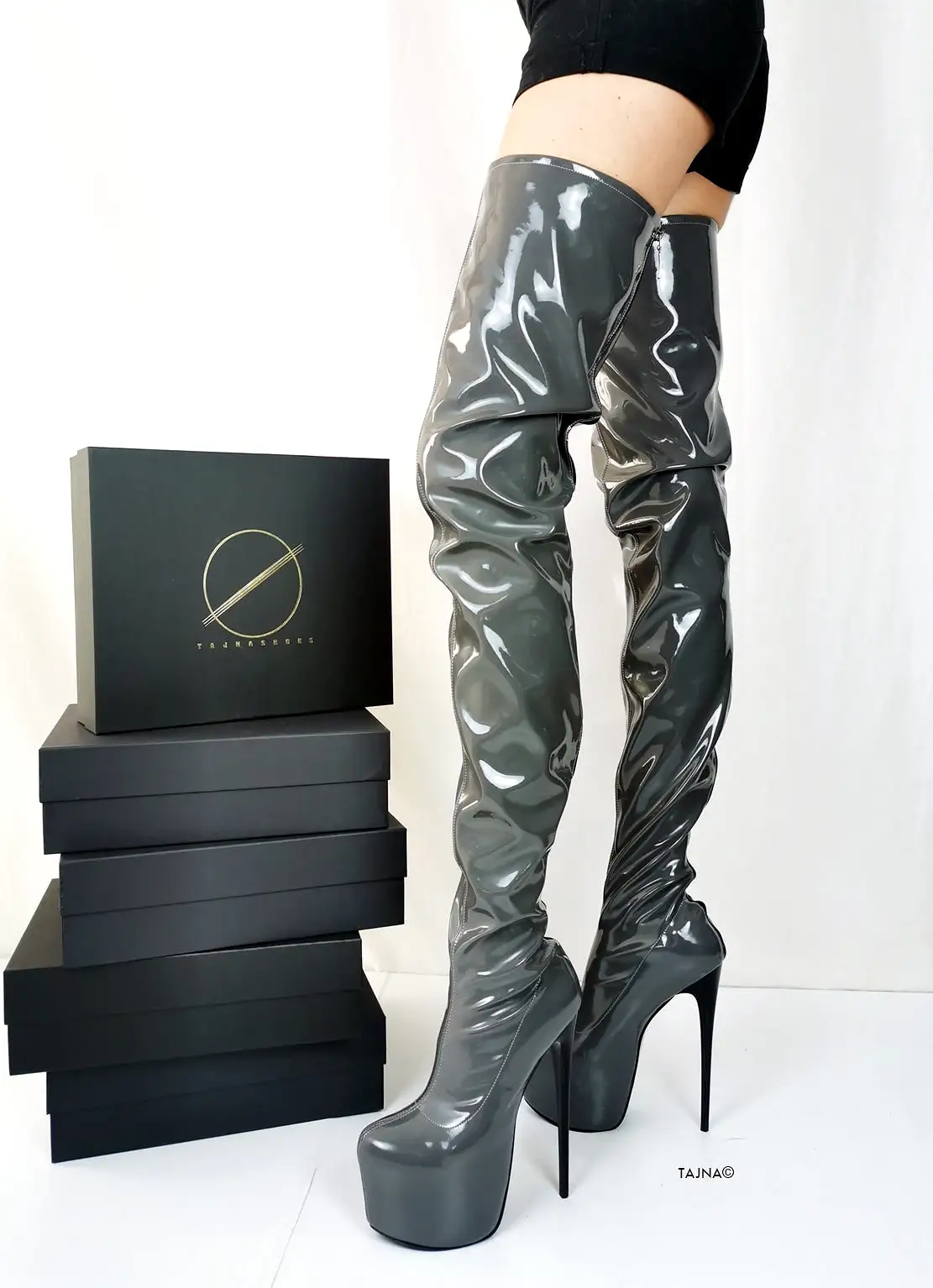 Gray Gloss Back Zipper Thigh High Boots