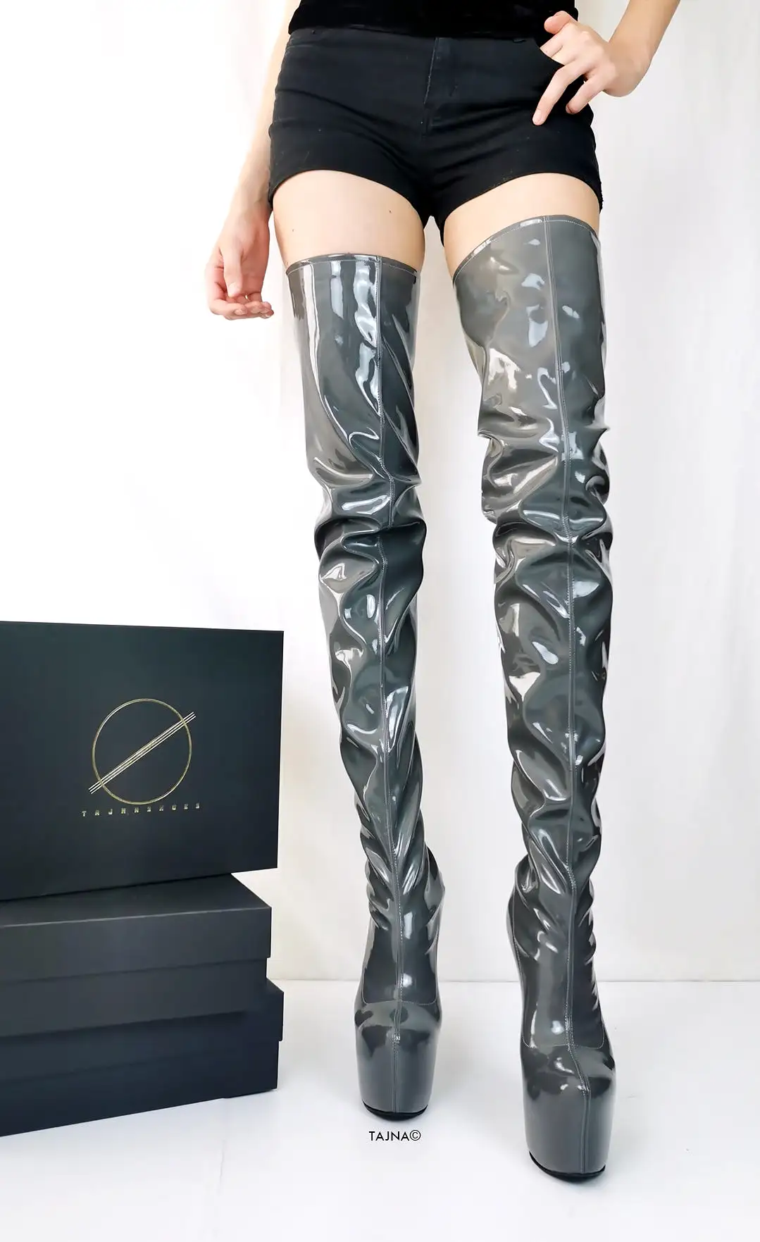 Gray Gloss Back Zipper Thigh High Boots