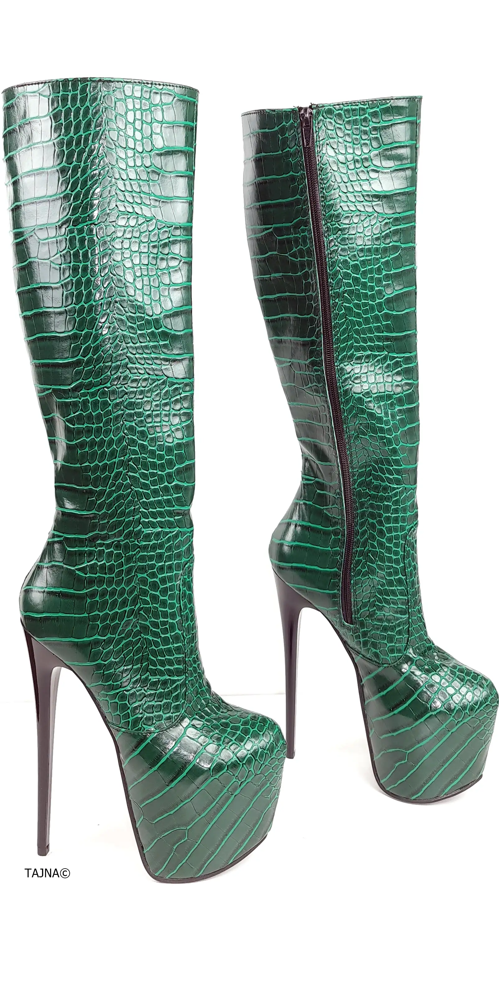 Green Croco Mid Calf High Heel Boots